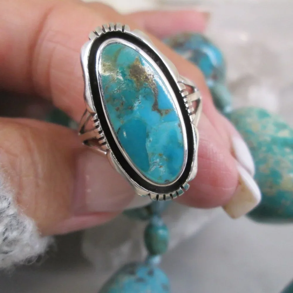 Turquoise Ring>925 Sterling Silver Ring,Genuine Turquoise Ring,Southwestern - Picture 2 of 8
